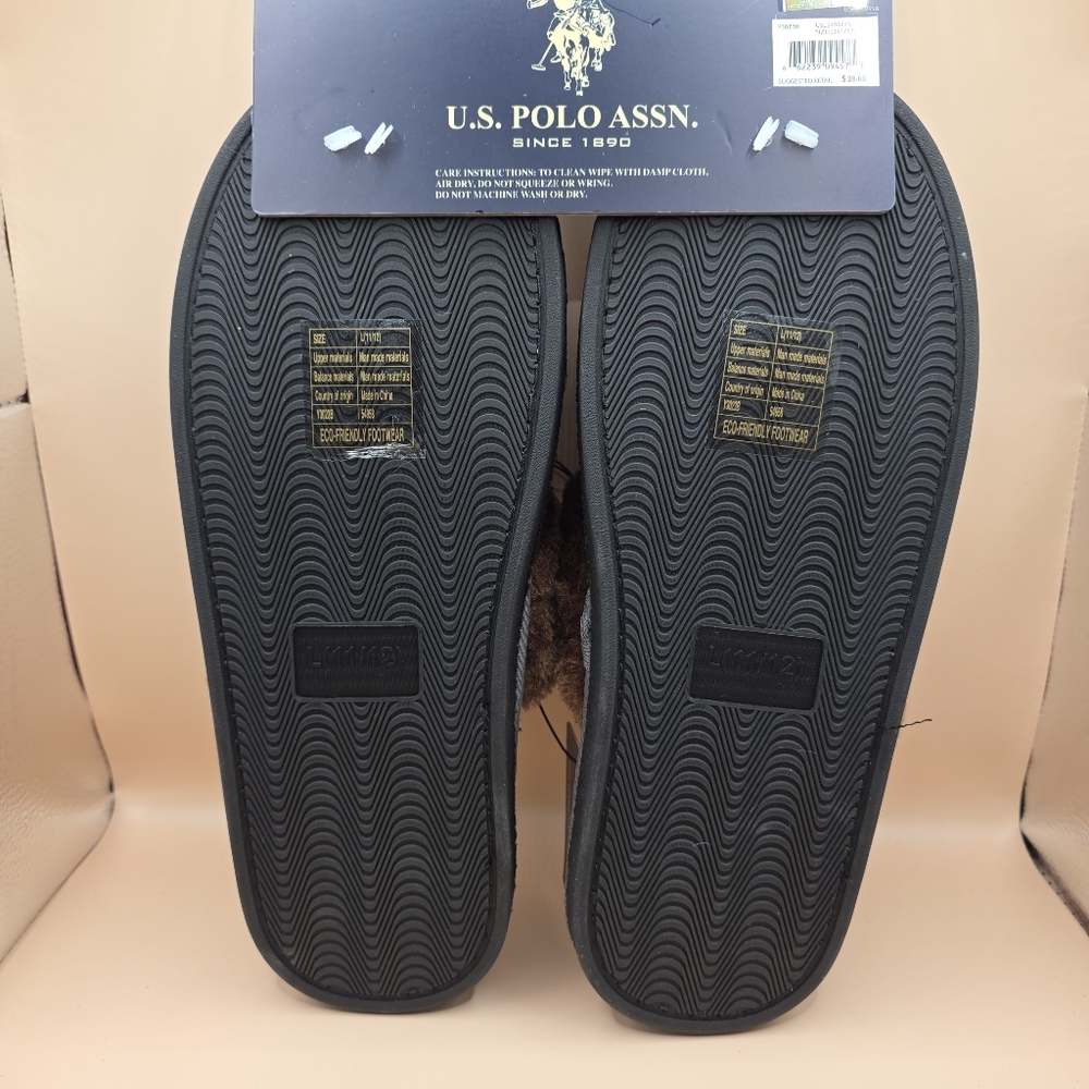 U.S. Polo Assn. Slippers Men's 11-12 Large Grey Brown Fuzzy Slip-on House Shoes - Picture 4 of 4